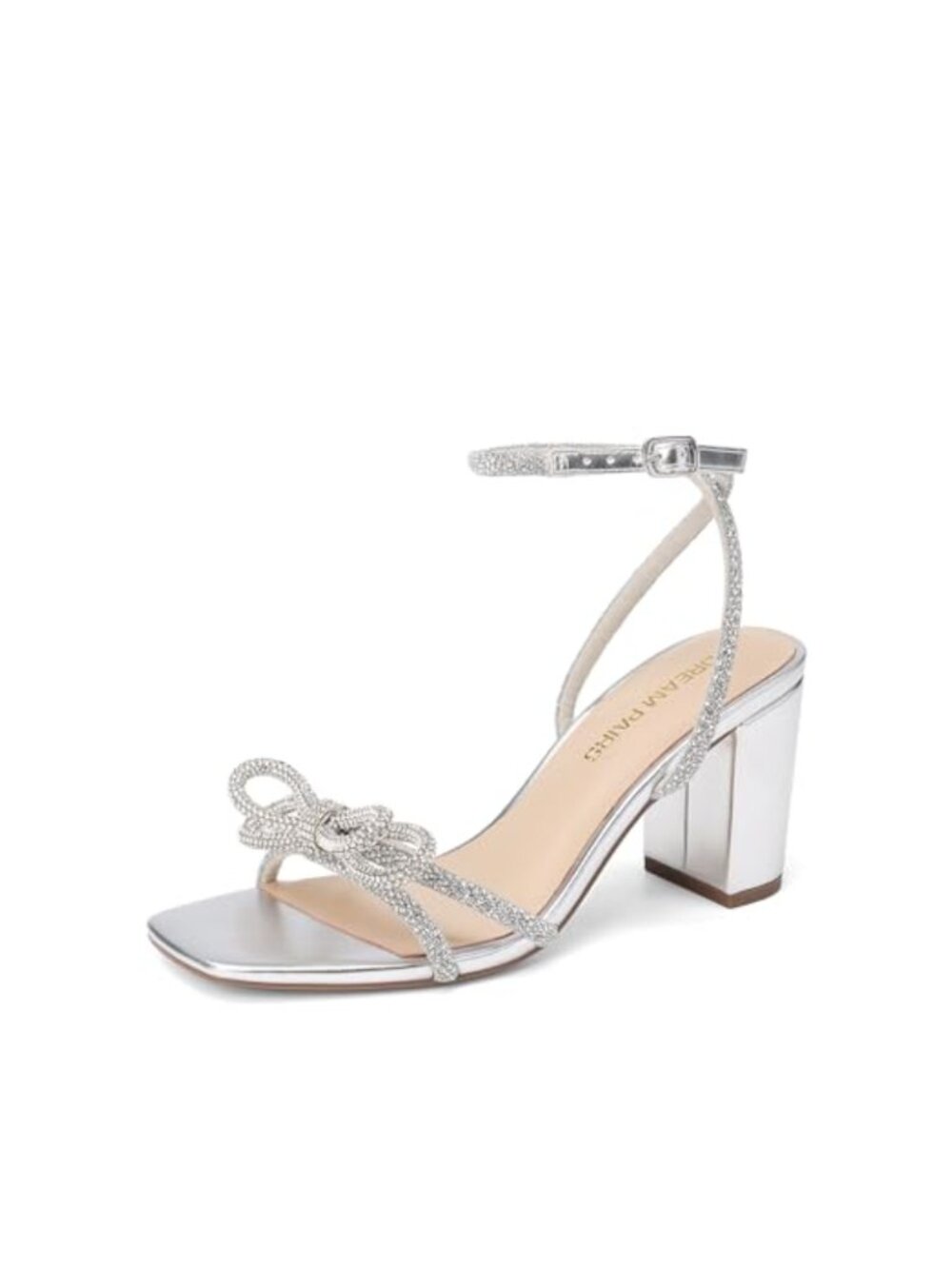 Women's Rhinestone Bow Block Heel Slingback Sandals Square Toe Ankle Buckle